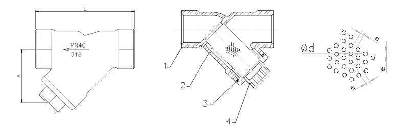 cross-section of strainer in stainless steel with gas threaded ends