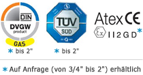 Kugelhahn mit DVGW GAS Zulassung, TÜV geprüft, ATEX CE mit 2 Zoll