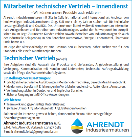 Job Stellenangebot Celle Hannover technischer Vertrieb Innendienst