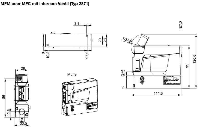 Abmessungen und Querschnitt des Massendurchflussmesser 8741 internes Ventil