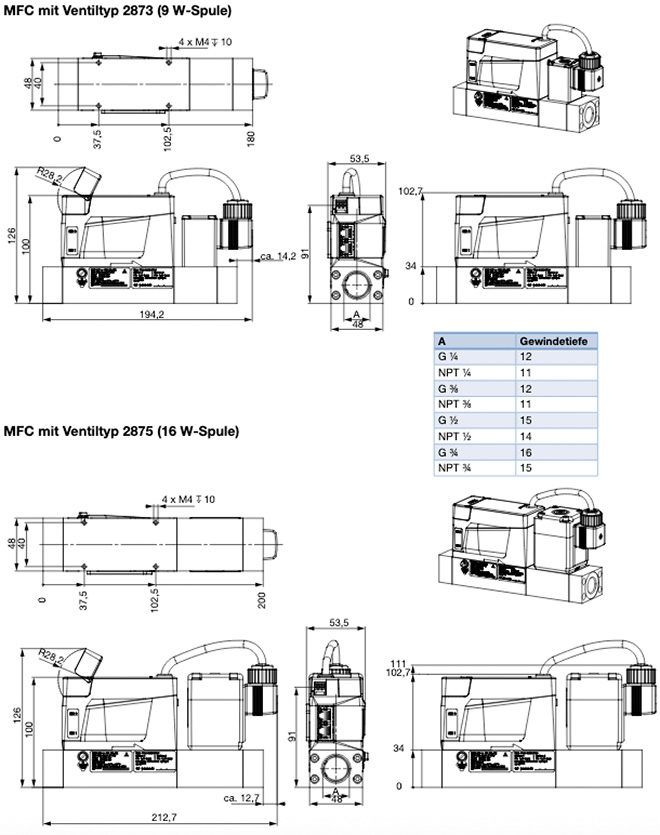 Abmessungen und Querschnitt des Massendurchflussregler 8745 von Bürkert